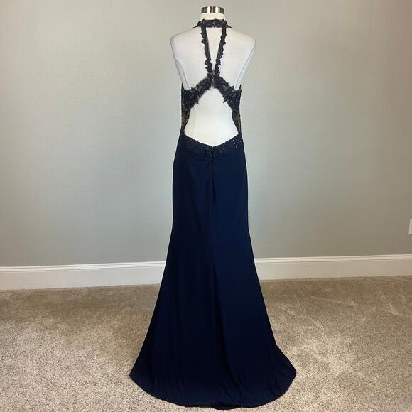 Avery G Beaded Lace Backless Long A-Line Evening Gown Blue Size 12 Formal Dress - Picture 2 of 10
